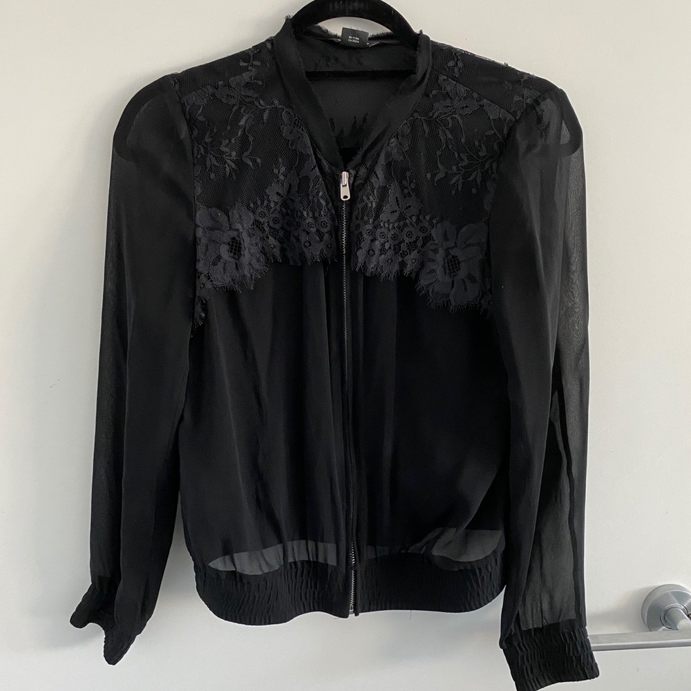 Club Monaco Lace and Mesh Bomber Jacket Black